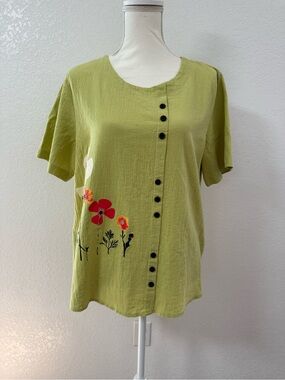 Green Floral Woven Scoop Neck Button Front Short Sleeve Blouse 0XL Plus